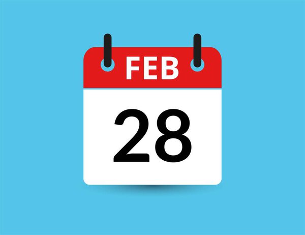 February 28. Flat icon calendar isolated on blue background. Date and month vector illustration