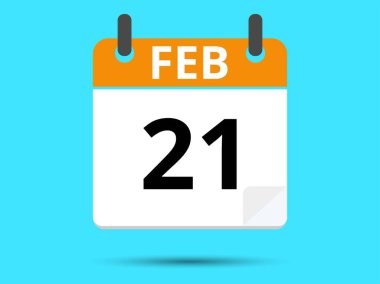 21 Şubat. Düz simge takvimi mavi arkaplanda izole edildi. Vektör illüstrasyonu.