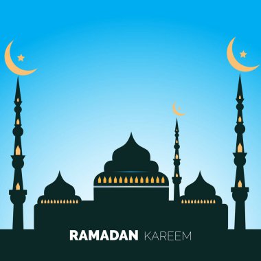 Ramazan 'da İslami bayram davetiyeleri, hilal şeklinde altın koleksiyonu, el yazması mektuplar ve camii. Vektör illüstrasyonu.