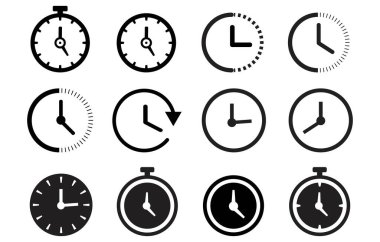 Temel düz stil saat simgesi. Beyaz arkaplanda vektör sembolü koleksiyonu. Vektör illüstrasyonu.