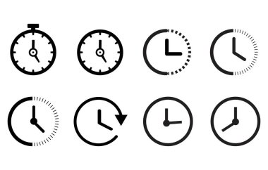 Temel düz stil saat simgesi. Beyaz arkaplanda vektör sembolü koleksiyonu. Vektör illüstrasyonu.