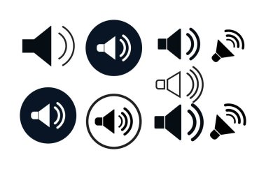 Hoparlör simgesi düz bir şekilde ayarlandı. Beyaz arkaplanda vektör sembolü koleksiyonu. Vektör illüstrasyonu.