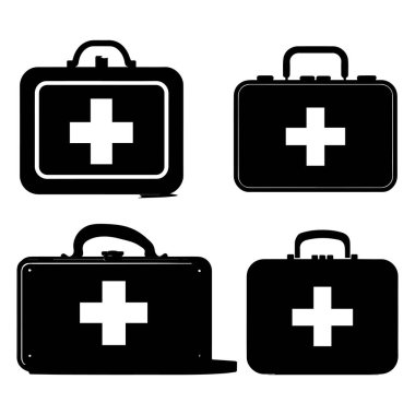 İlk yardım çantası simgesi seti. Tıbbi ve sağlık hizmeti sembolü. Vektör illüstrasyonu.