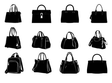 Bayanlar el çantası ikonu seti. Kadın çantasının siyah beyaz çizimi
