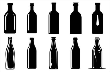 Beyaz arka planda siyah beyaz şişe siluetleri. Vektör illüstrasyonu.