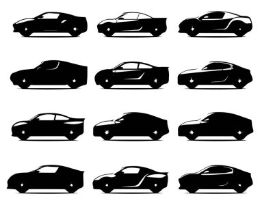 Beyaz bir arka planda araba siluetleri. Vektör illüstrasyonu