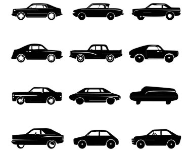 Beyaz bir arka planda araba siluetleri. Vektör illüstrasyonu