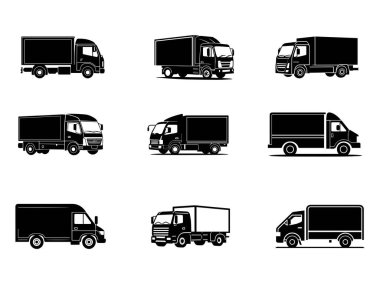 Beyaz arkaplan üzerinde teslimat kamyon simgesi, siluet biçimi, vektör illüstrasyonu