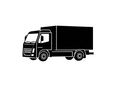 Beyaz arkaplan üzerinde teslimat kamyon simgesi, siluet biçimi, vektör illüstrasyonu