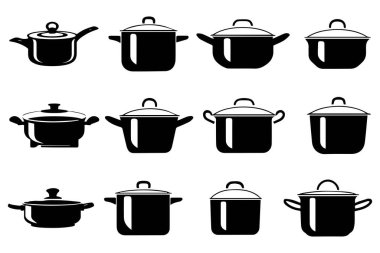 Yemek pişirme ikonu seti, siyah beyaz tasarım. vektör illüstrasyonu