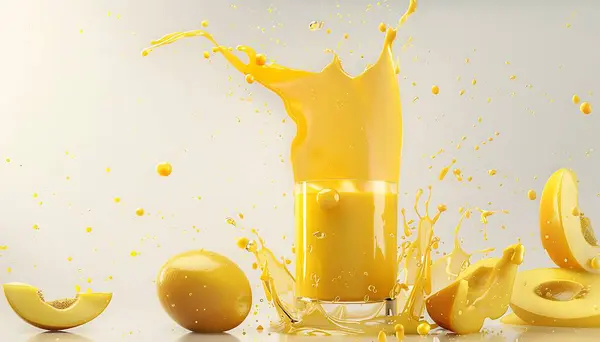 Mango juice splashing out of glass. 3d rendering.