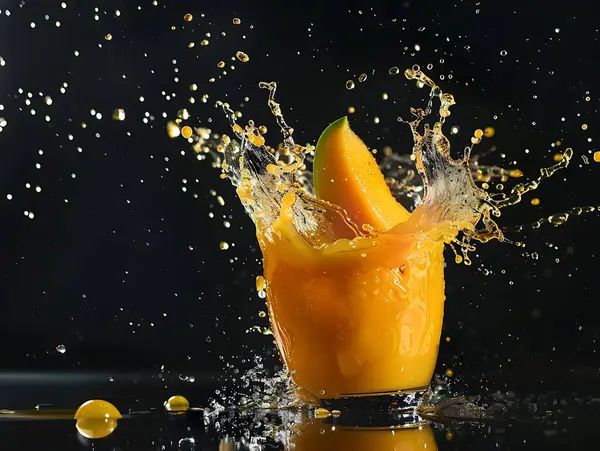 Orange juice splash isolated on black background. Orange juice splash in glass.