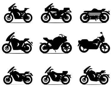 Beyaz arka planda izole edilmiş motosiklet siluetleri. Vektör illüstrasyonu.