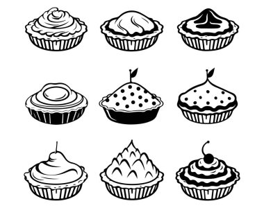 Bir dizi siyah beyaz el çizilmiş kek. Vektör illüstrasyonu.