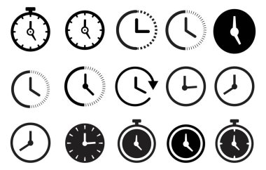 Bu monokrom görüntü çeşitli stilize zaman tutma ikonları içerir. Eller, kronometreler ve zamanlayıcılar farklı kavramları gösteriyor. Saatler, şeffaf bir arkaplan karşısındaki aralıkları gösterir..