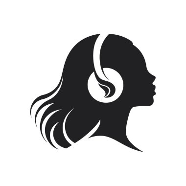 Siluet vektör sanatı bir kadının profilini kulaklıkla bembeyaz arka planda gösterir. Bu temiz, minimalist vektör simgesi çeşitli tasarım projeleri için uygundur.