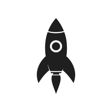 İzole edilmiş vektör illüstrasyonu, uzayı keşfetmeyi, teknolojiyi ve yeni başlangıçları sembolize eden, pürüzsüz beyaz bir arkaplan üzerine kurulmuş siyah bir roket silueti sunar..