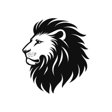 Siyah ve beyaz vektör grafiği, bir aslanın kafasının yan görünüşünü, ayrıntılı yelesini gösteriyor. Beyaz arkaplana karşı amblemli, güçlü ve kraliyet tasarım ögesi.