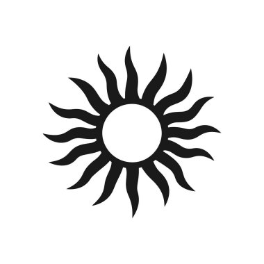 Güneş ikonunun vektör çizimi. Tasarım, dışa doğru uzanan uzun ve dalgalı ışınlarla çevrili dairesel bir merkeze sahiptir. Beyaz arkaplanda basit ve modern biçim simgesi.