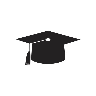 Mezuniyet şapkasını gösteren minimalist bir siyah vektör simgesi. Kapak, akademik başarıyı ve öğrenme yolculuğunun sonunu sembolize eden bir püsküle sahiptir. beyaz arkaplan.