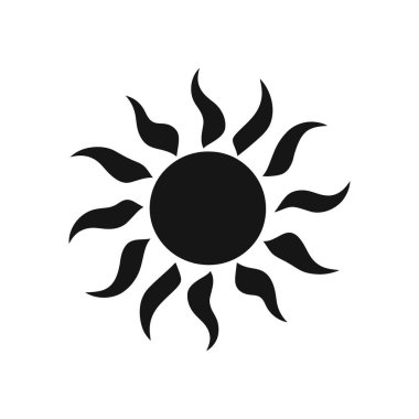 Beyaz arkaplandaki siyah güneş ikonunun vektör çizimi. Bu ikonun dairesel bir merkezi ve dışarıya doğru yayılan stilize güneş ışınları var. Basit ve modern..