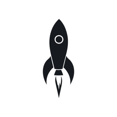 Dairesel pencere dizaynlı eski tip bir roket gemi ikonunun siyah-beyaz vektör çizimi, ve iticilerden gelen alevler, beyaz arka planda.