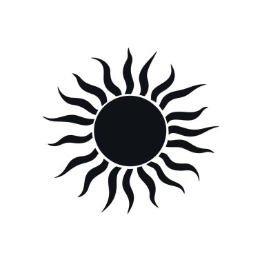 İzole vektör güneş ikonu yuvarlak dalgalı ışınlar ile siyah bir güneş görüntüler, beyaz bir zemin üzerine kurulmuş, temiz ve etkili bir görsel tasarım elementi oluşturur.