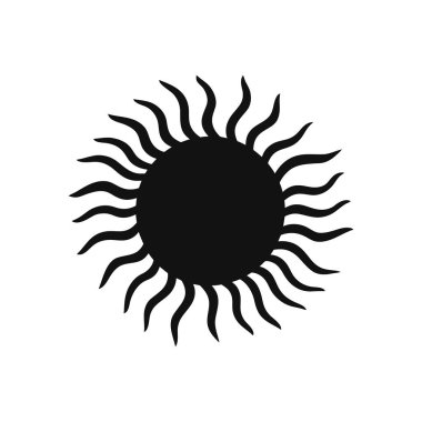 İzole edilmiş vektör grafiği, beyaz zemin üzerinde şekillendirilmiş ışınları olan siyah bir güneşin minimal ve modern güneş tasarımı yarattığını, birçok uygulama için uygun olduğunu gösteriyor..