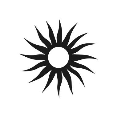 Beyaz bir zemin üzerinde siyah şekillendirilmiş bir güneş ikonunun vektör çizimi, merkezi daire ve keskin, sivri ışınlar dışa doğru yayılıyor..