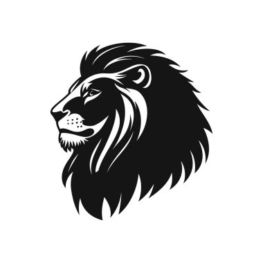 Güçlü bir vektör çizimi, bir aslanın kafasının yan profilini sunar. Sanat eserleri, temiz ve beyaz bir arkaplanda stilize edilmiş tek renkli bir tasarım sergiliyor..