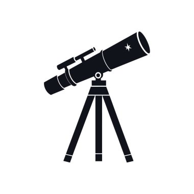 Yıldızlı bir teleskopun vektör simgesi, beyaz arkaplanda izole edilmiş siyah bir siluet. Astronomi, bilim, eğitim ve uzay keşfi için mükemmel..