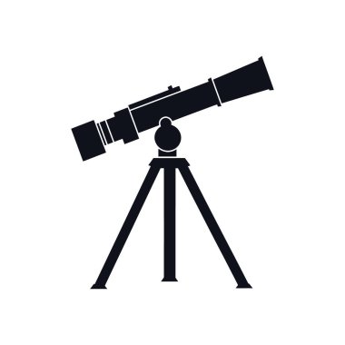 Astronomi, bilim ya da keşif temalı tasarımlar için mükemmel olan üç ayaklı teleskopun siyah vektör silüeti beyaz arka plan üzerine kuruludur..
