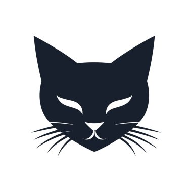 Bu vektör simgesi sivri kulaklı ve belirgin bıyıklı basit bir siyah kedi kafası silueti gösteriyor. Arka plan beyaz. Tasarımlarınızda bu minimalist vektör resmini kullanın.