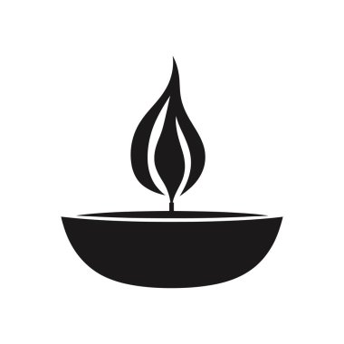 Bir kâse içinde yanan bir mum alevinin siyah tek renkli çizimi, basit ve zarif, beyaz bir zemin üzerine kurulmuş, çeşitli tasarım uygulamaları için uygun..