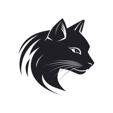 Beyaz bir arka planda siyah kedi baş siluetinin izole edilmiş tasviri gösterişli modern tasarım sergiliyor. Kullanımı ve uygulanması kolay.