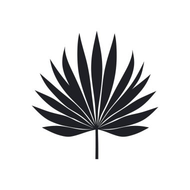 Stok vektör grafiği, beyaz arkaplanda, minimalist, tropikal veya botanik tasarımlar için ideal, izole edilmiş bir siyah palmetto yaprağı silueti sunar..