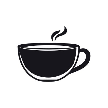 Bu vektör ikonu, bir kafe, kahve dükkanı ya da beyaz arka planda rahatlatıcı bir kahve molası için mükemmel, dumanı tüten siyah beyaz bir kahve bardağına sahiptir..