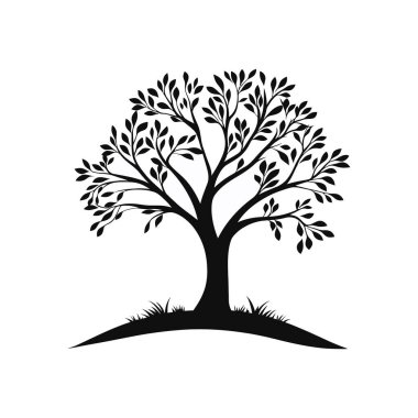 İzole edilmiş vektör grafiği, ottan büyüyen yapraklı bir ağacın siyah silüetini içeriyor, doğal tasarımlar için ideal, beyaz bir arka plan..