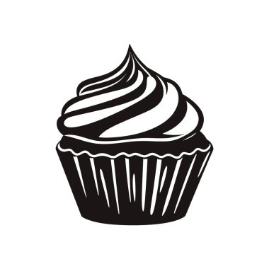 Bir kekin basit bir vektör ikonu çizimi, üzerinde bir taban ve kıvrımlı krema var. Resim beyaz bir arkaplanda izole edilmiş, grafik tasarımları için ideal.