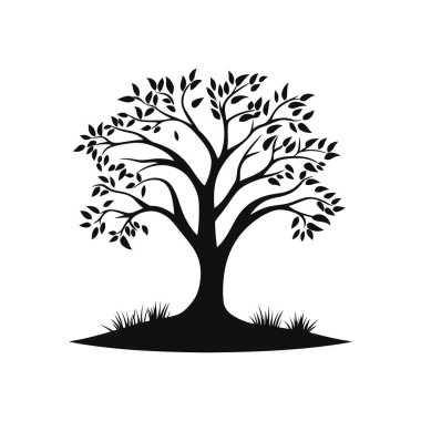 Minimalist siyah ağaç vektör simgesi, çeşitli tasarım projeleri için uygun, temiz beyaz arka plana karşı yapraklar ve çim silueti ile biçimlendirilmiş bir ağaç sunar.