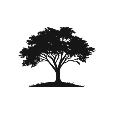 Tam yapraklı ve dallı bir ağacın siyah vektör silüeti. Beyaz bir arkaplanda izole edilmiş bu tasarım ögesi doğa temalı projeler için harikadır..