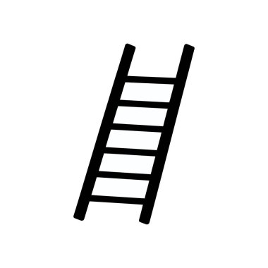 Beyaz bir arkaplan üzerinde yukarı doğru eğilmiş siyah bir vektör merdiveni gösteriyor. Altı adımdan oluşuyor ve çok yönlü kullanım için basit, minimalist bir simge sunuyor.