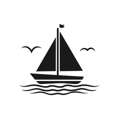 Düz yelkenli vektör ikonu, denizde bayraklı. Geminin üzerinde iki siluet martı uçuyor. Beyaz arka planda izole edilmiş, denizcilik konsepti sanatı.