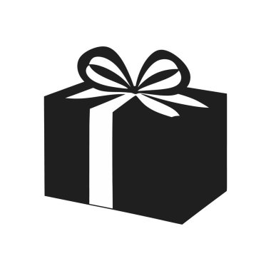 İzole vektör silueti grafiği beyaz kurdele ve dekoratif yayla bağlanmış siyah bir hediye kutusu gösteriyor. Temiz beyaz bir arkaplan üzerine kurulmuş. Tasarım projeleri için kullanılmaya hazır.