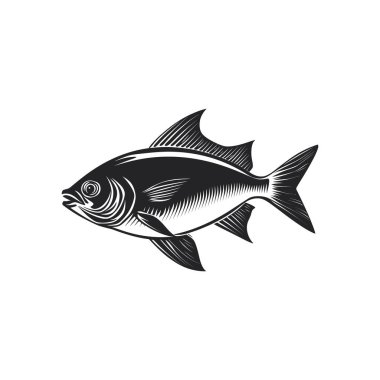 Resim, beyaz arka planda izole edilmiş bir siyah balık çizimi gösteriyor. Yüzen balık ikonu, yüzgeçlerinin ve vücudunun karmaşık detaylarını içerir. 156 karakter.