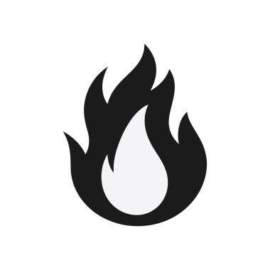 Beyaz arkaplanda, çeşitli uygulamalarda tasarım unsuru veya tehlike sembolü olarak kullanılabilecek biçimlendirilmiş bir alev simgesini tasvir eden bir minimalist siyah vektör çizimi.