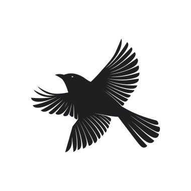 Minimalist, uçmakta olan bir kuşun siyah silueti. Kanatları geniş ve temiz beyaz bir arka plan üzerine kurulmuş. Çeşitli tasarım projeleri için vektör biçimi.