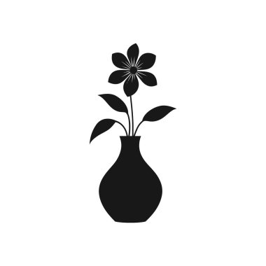 Vazoda yaprakları olan bir çiçek içeren siyah siluet vektör ikonu. Beyaz arka planda temiz ve minimalist tasarım, çeşitli yaratıcı projeler için mükemmel..