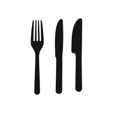 Bu vektör simgesi, bir çatalın basit siyah siluetini ve beyaz arka planda iki bıçağı gösteriyor. Yemek ve restoran kavramlarını temsil ediyor. Mutfak tasarımları için mükemmel..