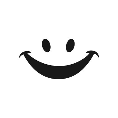 Resimlerde, sosyal medya tasarımları, vektör tasarımı, ölçeklenebilir grafikler ve neşeli haberleşmelerde mutluluğu ifade etmek için ideal, beyaz bir arkaplan karşısında basit bir siyah gülen yüz emojisi gösteriliyor..